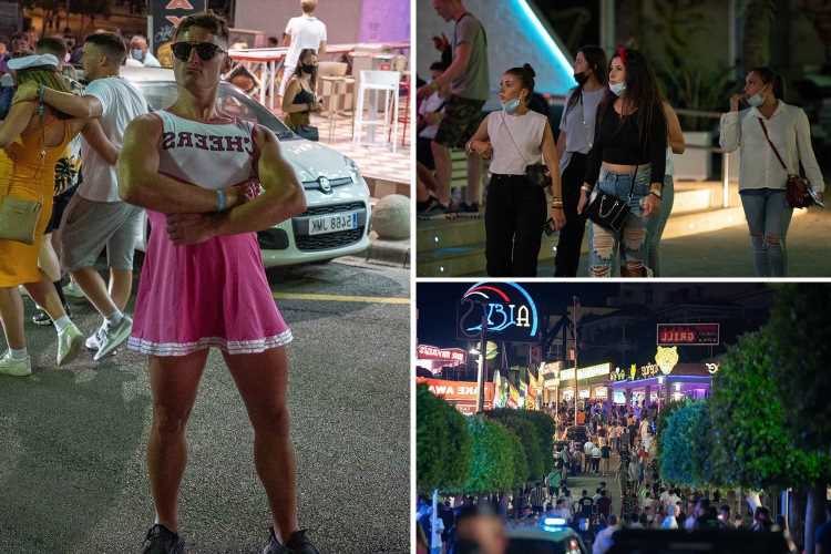 Brits return to Magaluf's strip under watchful eyes of cops after Majorca added to green list