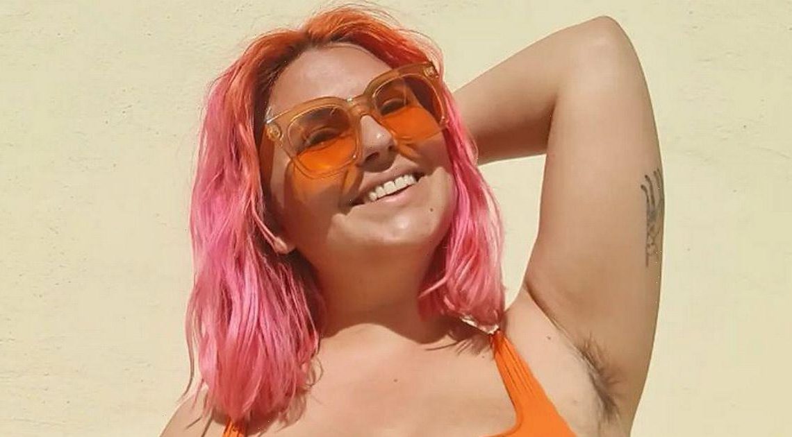Body positive star proudly flaunts ‘belly’ and body hair as she strips to bikini