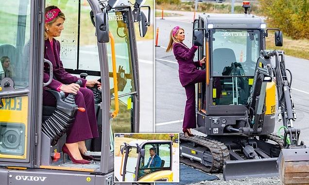Stylish Queen Maxima of the Netherlands drives a digger