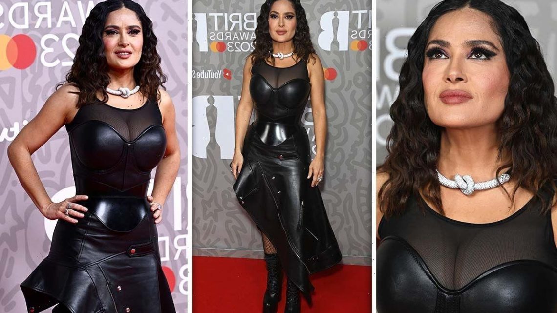 Ageless Salma Hayek dons busty leather corset and fishnets at Brits