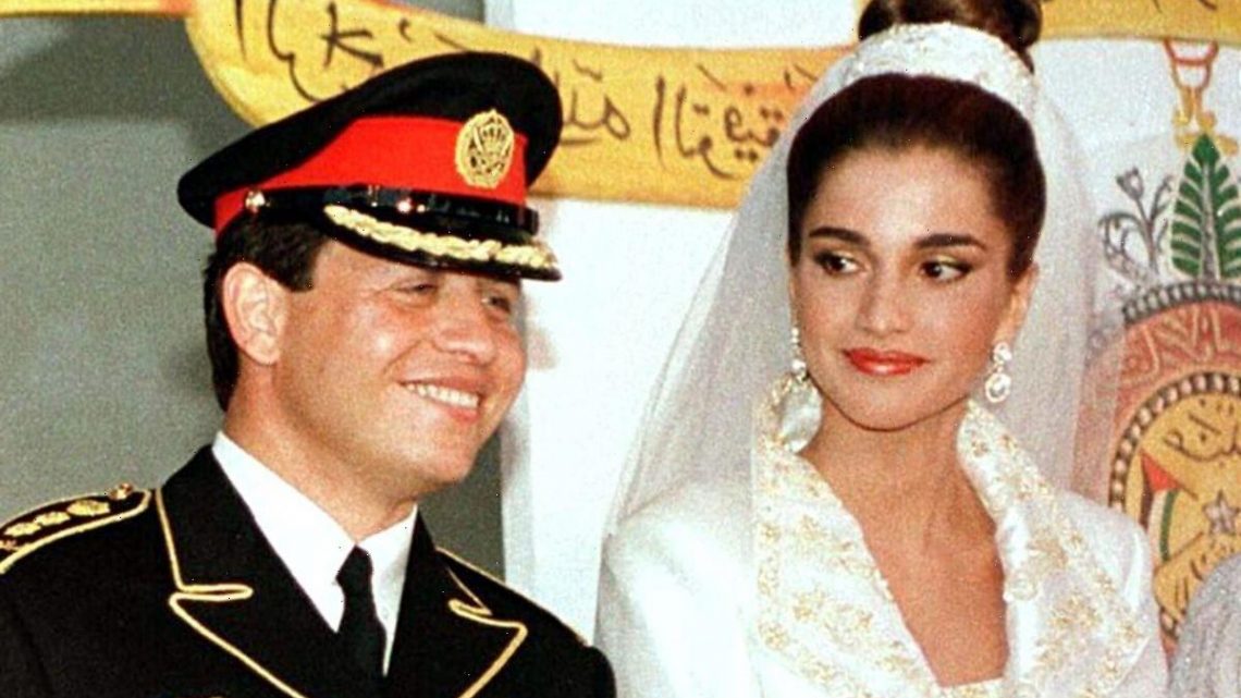 Queen Rania walked down the aisle in a white and gold dress – pictures