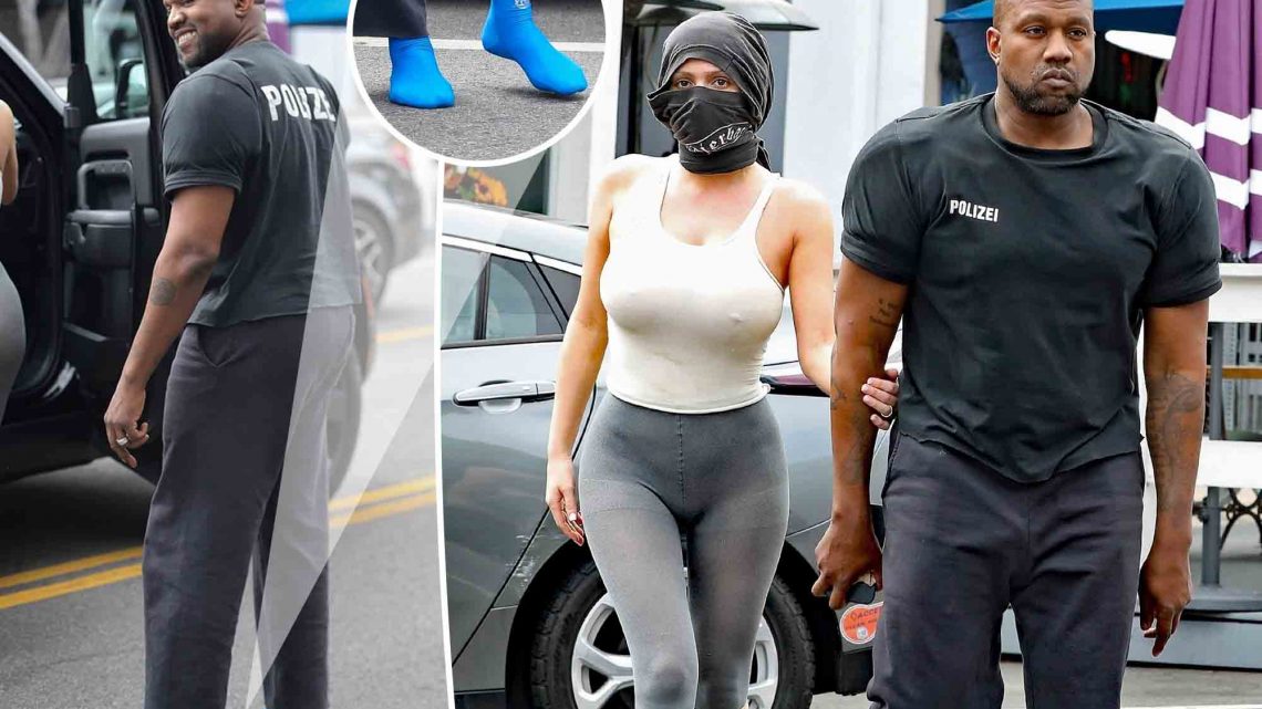 Kanye West wears massive shoulder pads and sock shoes on Bianca Censori date